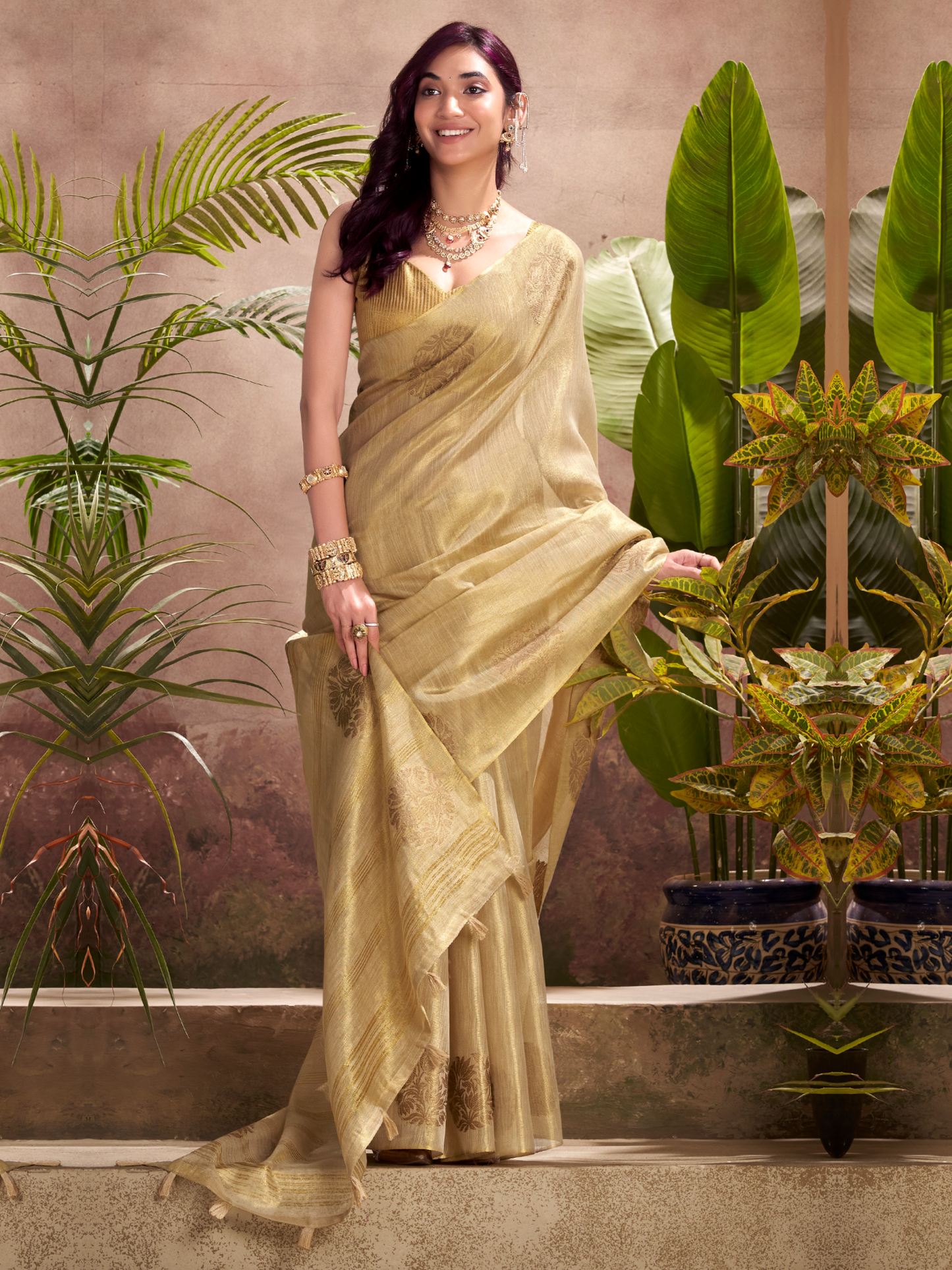 Bisque Beige Woven tissue Silk Saree