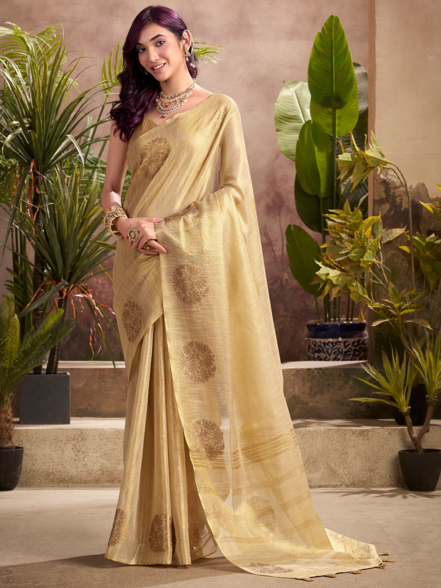 Bisque Beige Woven tissue Silk Saree