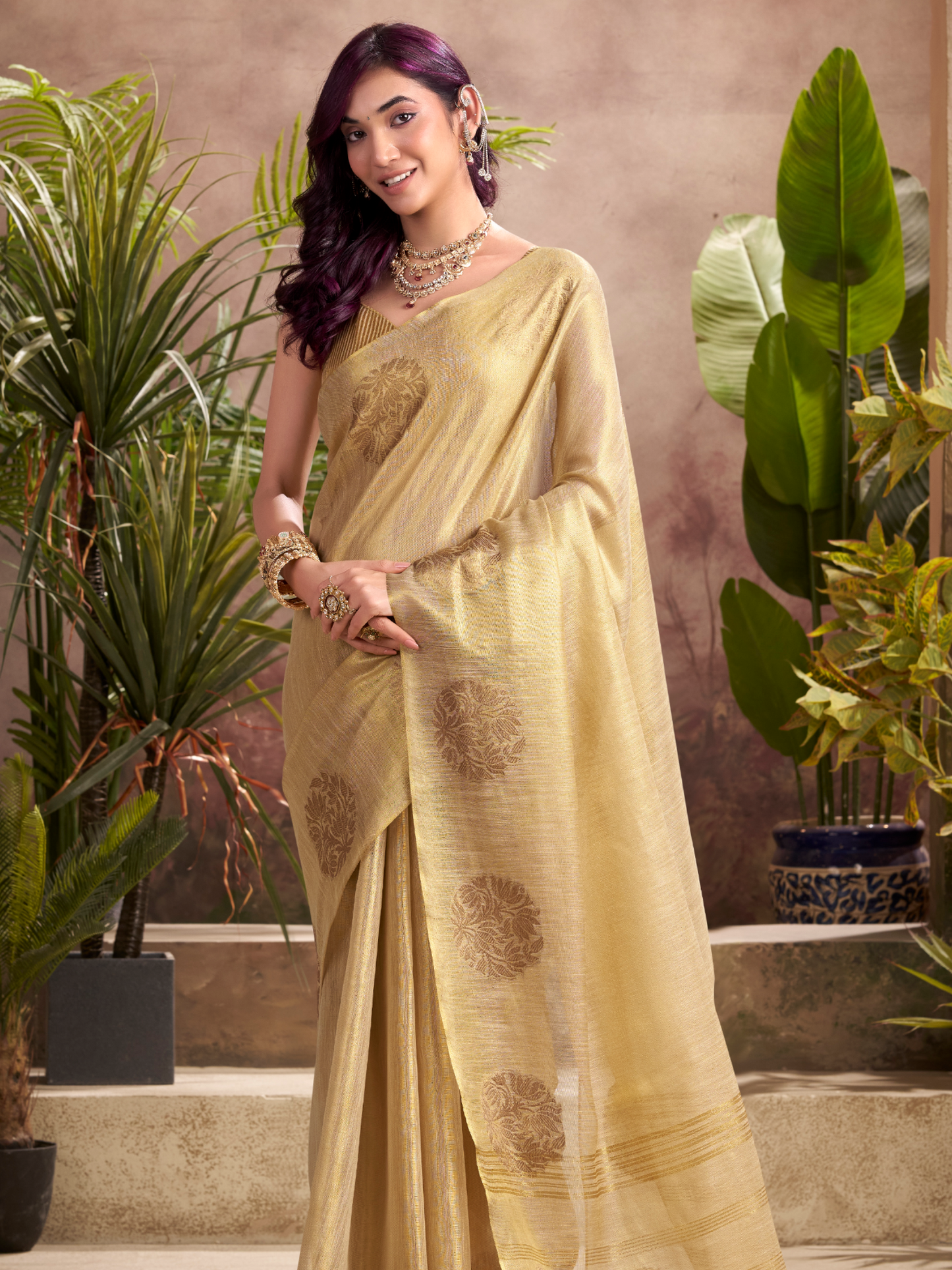Bisque Beige Woven tissue Silk Saree