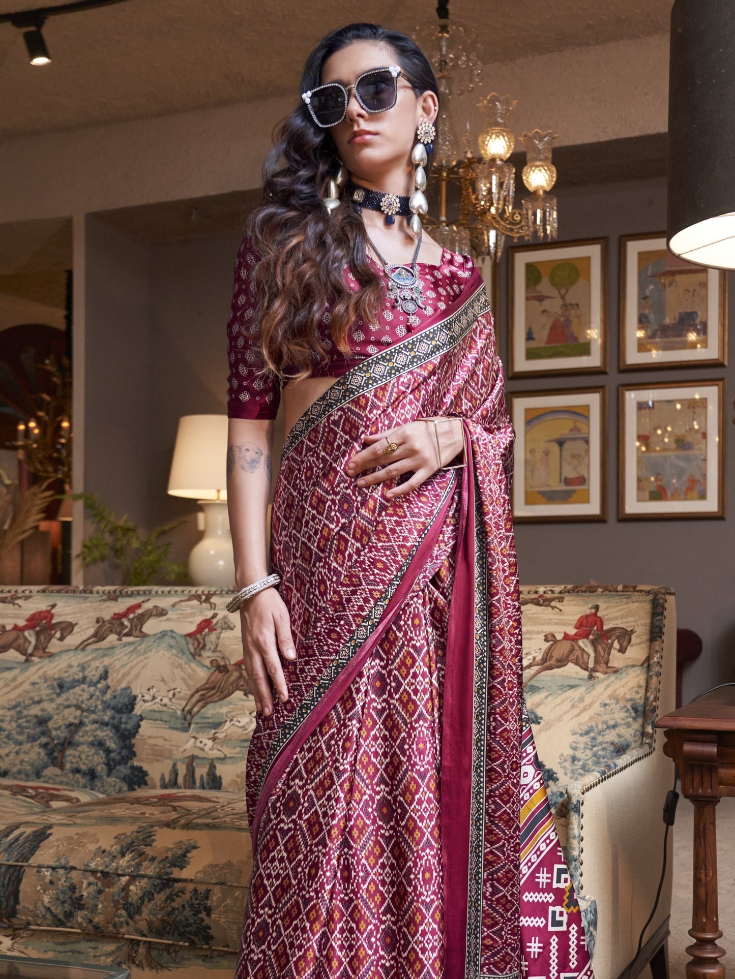 Unique Red Patola Print Satin Crepe Silk Saree