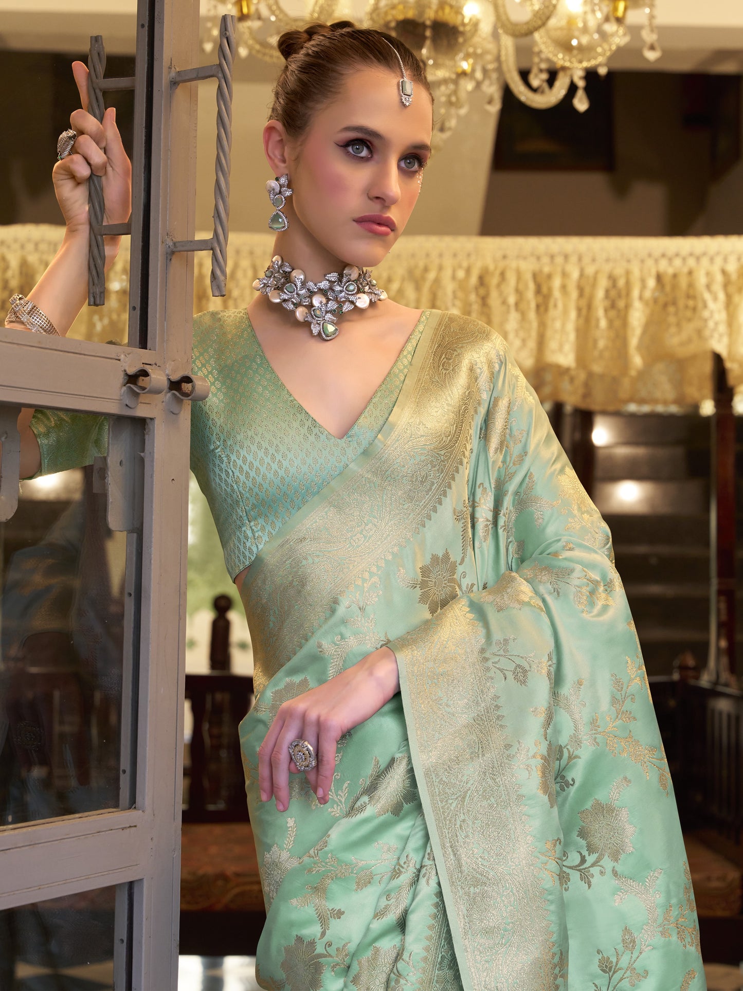 Aqua Green Woven Banarasi Satin Silk Saree