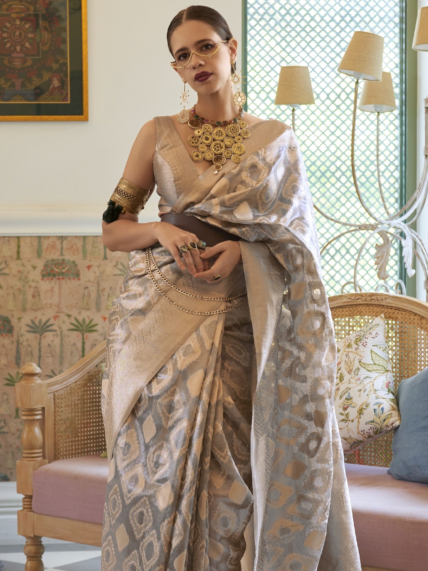 Smokey Gray Tissue Silk Saree