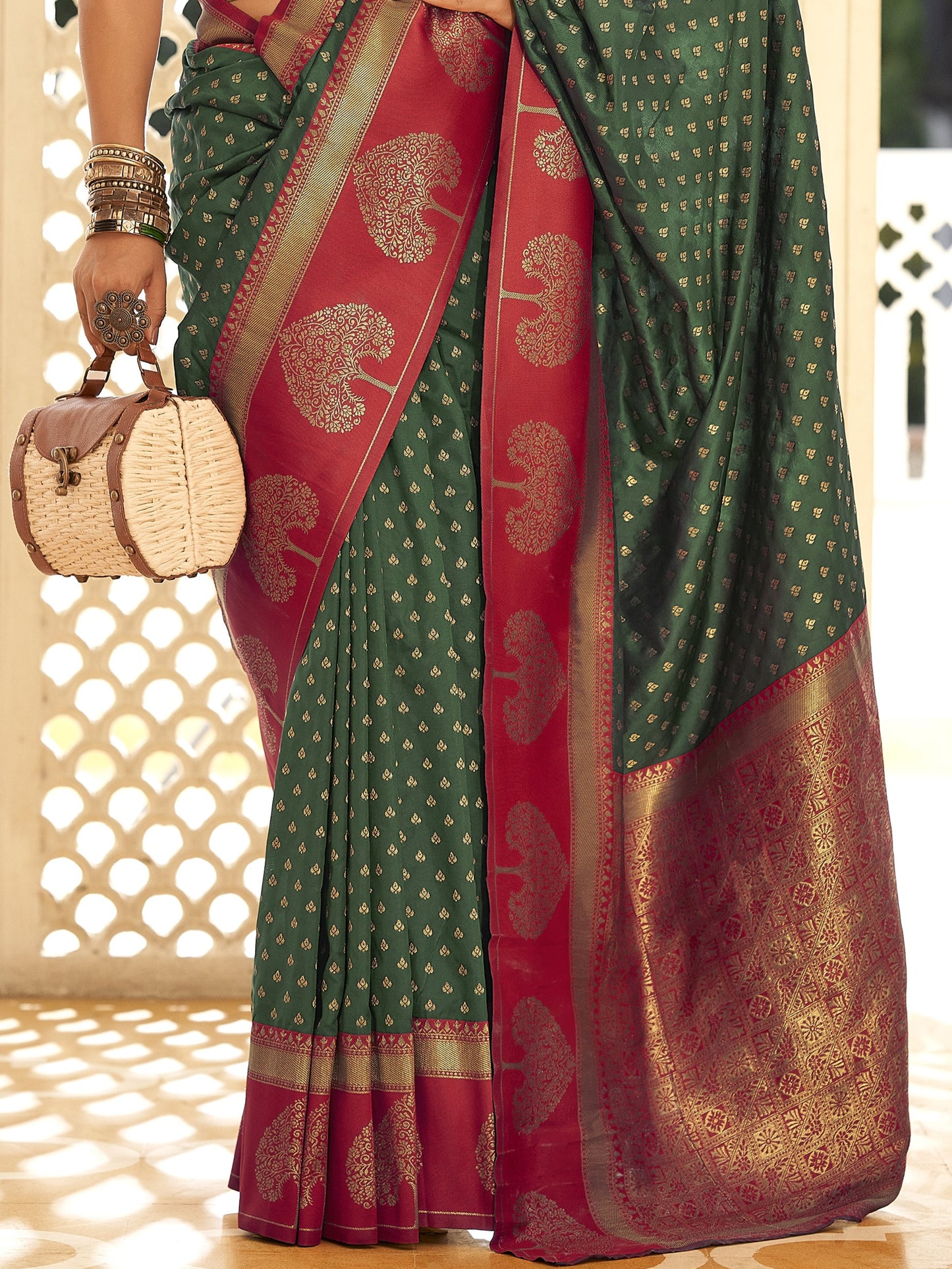 Botanical Green Woven Banarasi Soft Silk Saree