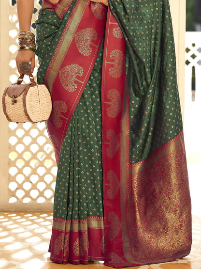 Botanical Green Woven Banarasi Soft Silk Saree
