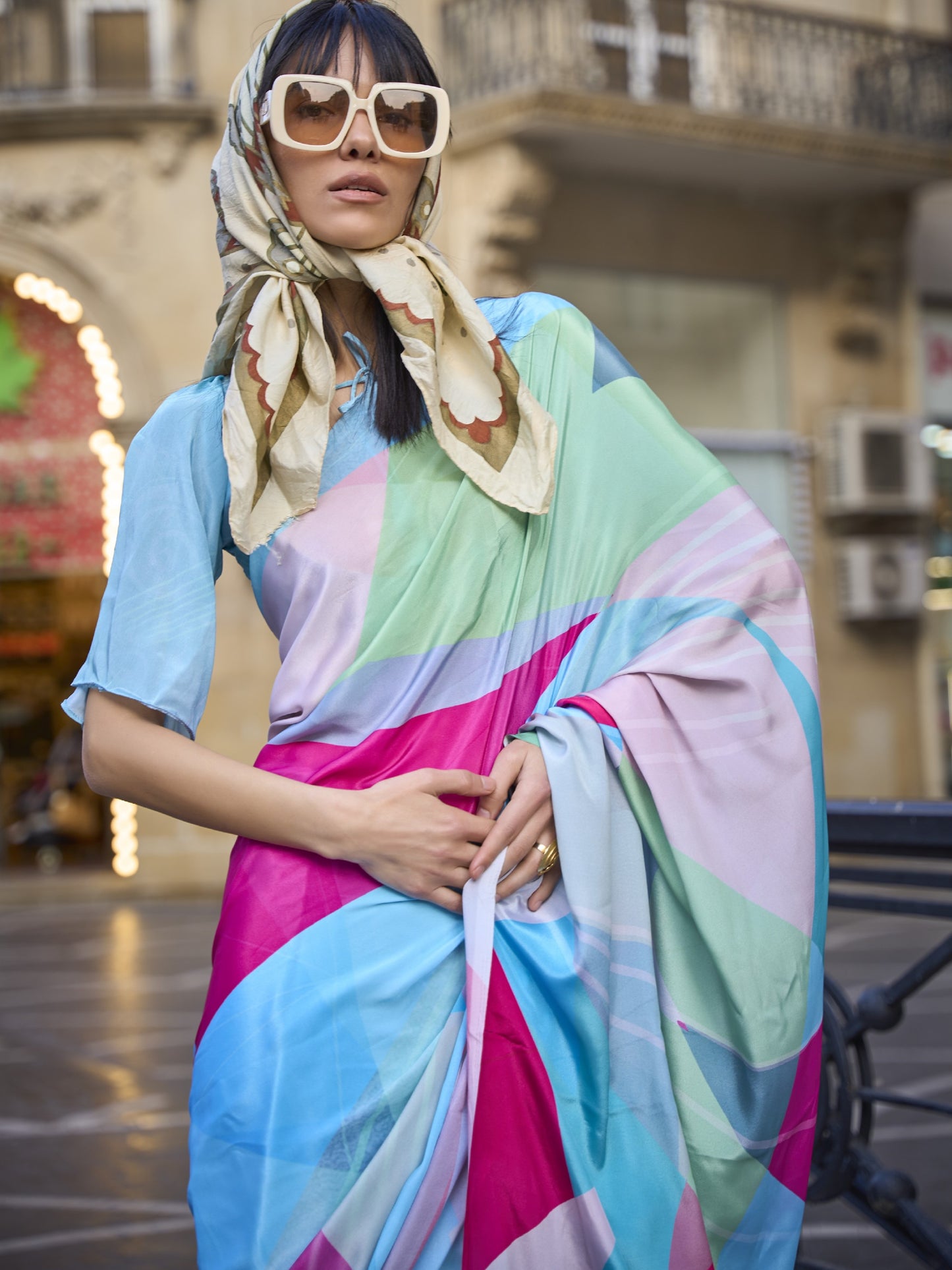 Multicolor Digital Print Crepe Saree