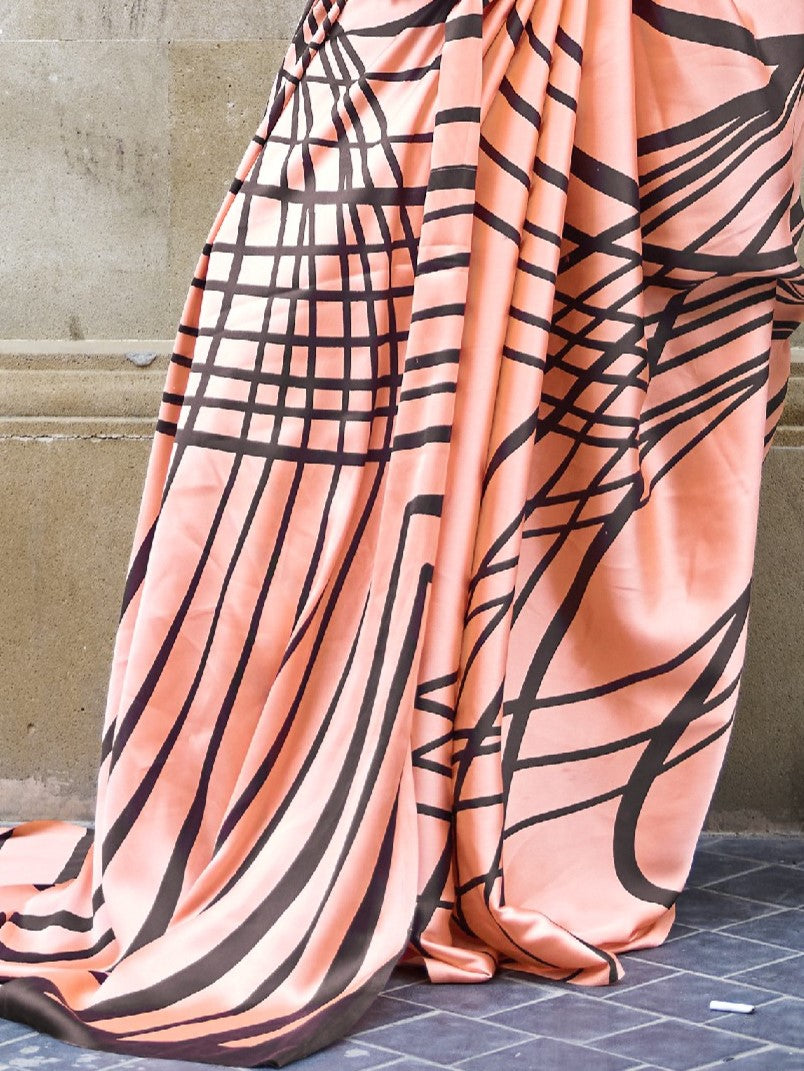 Perfect Peach Satin Crepe Print Saree