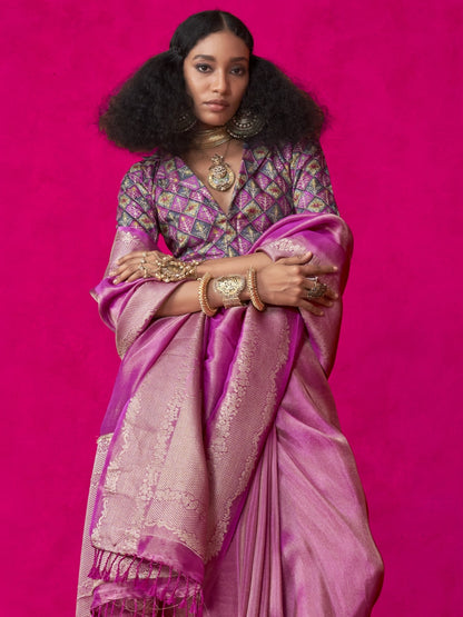 Festive Purple Zari Woven Tissue Silk Saree with Contrast Blouse