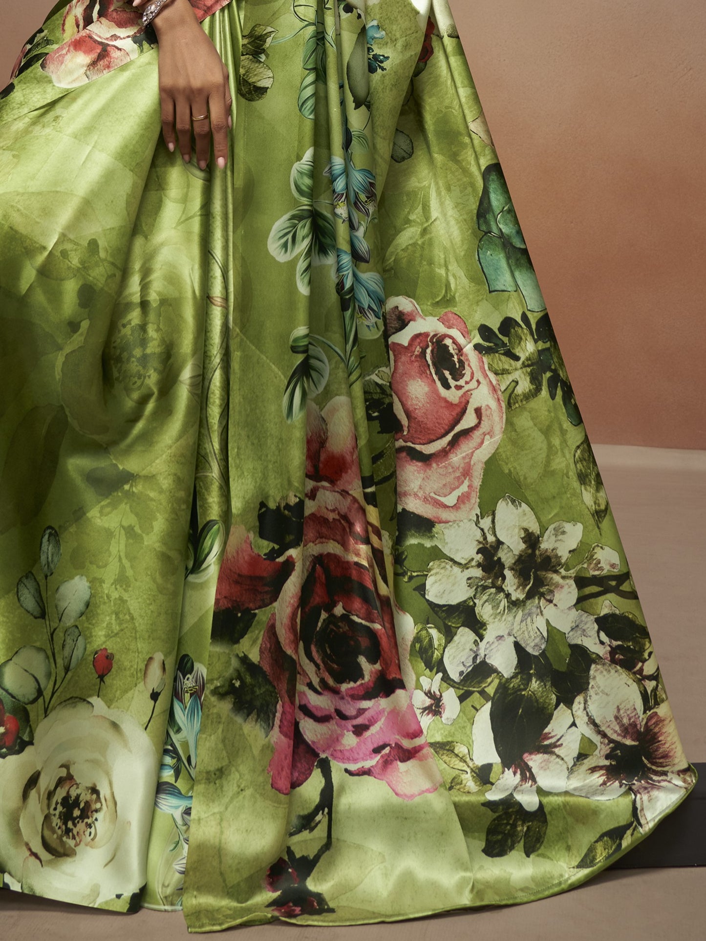 Olive Green Satin Silk Printed Saree