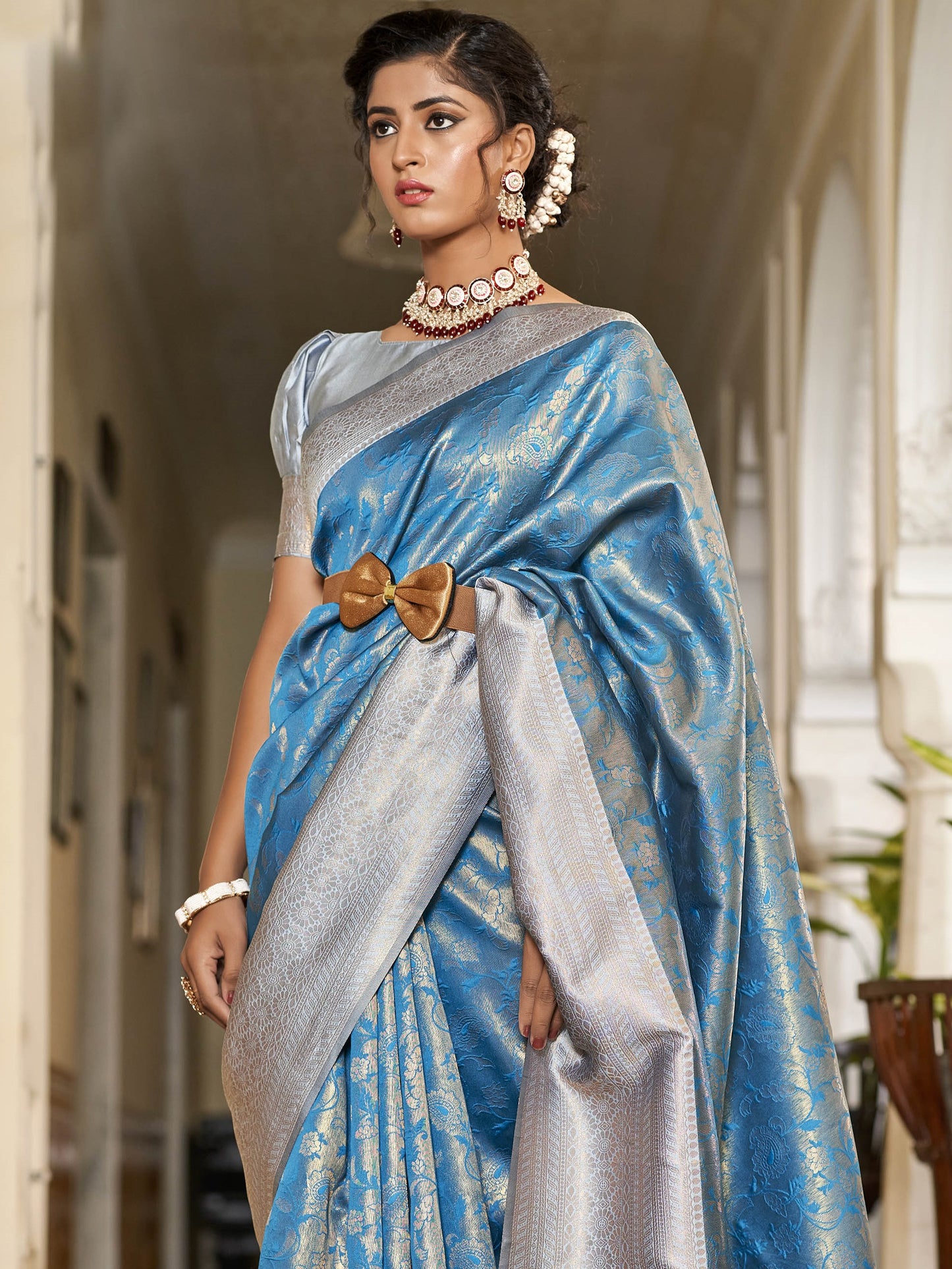 Argentinian Blue Kanjivaram Saree