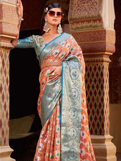 Coral Peach Tissue Silk Saree