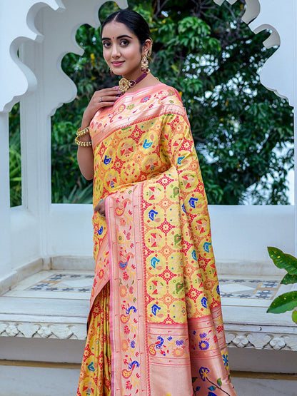 Yellow & Peach Woven Patola Paithani Silk Saree