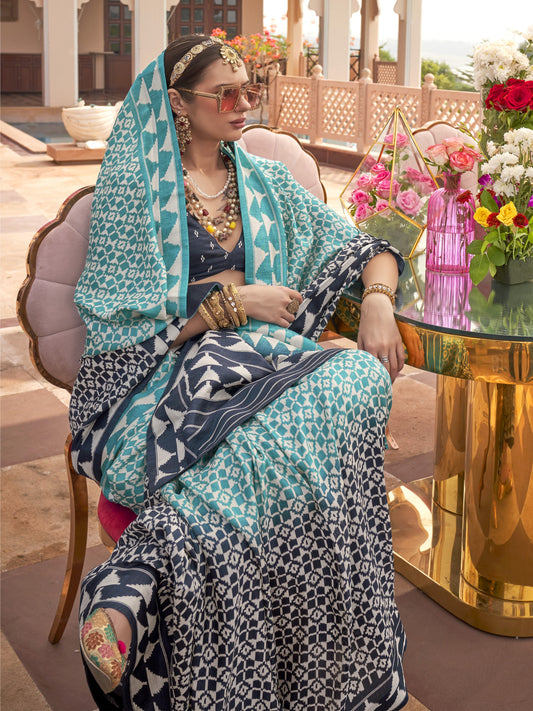Mineral Blue Printed Patola Silk Saree