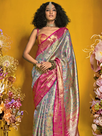 Antique Blue Duel Tone Woven Kanjivaram Silk Saree