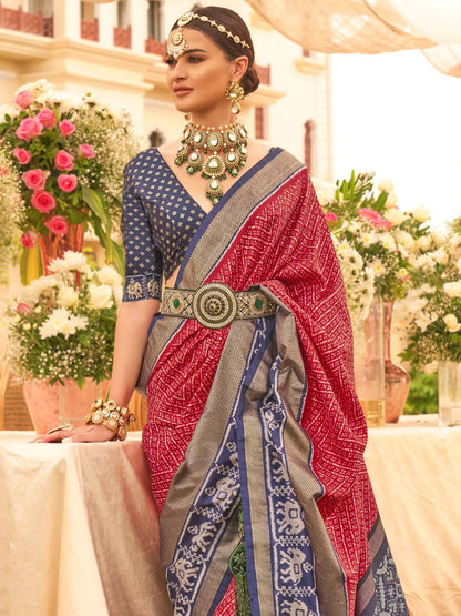 Deep Red and Blue Patola Saree