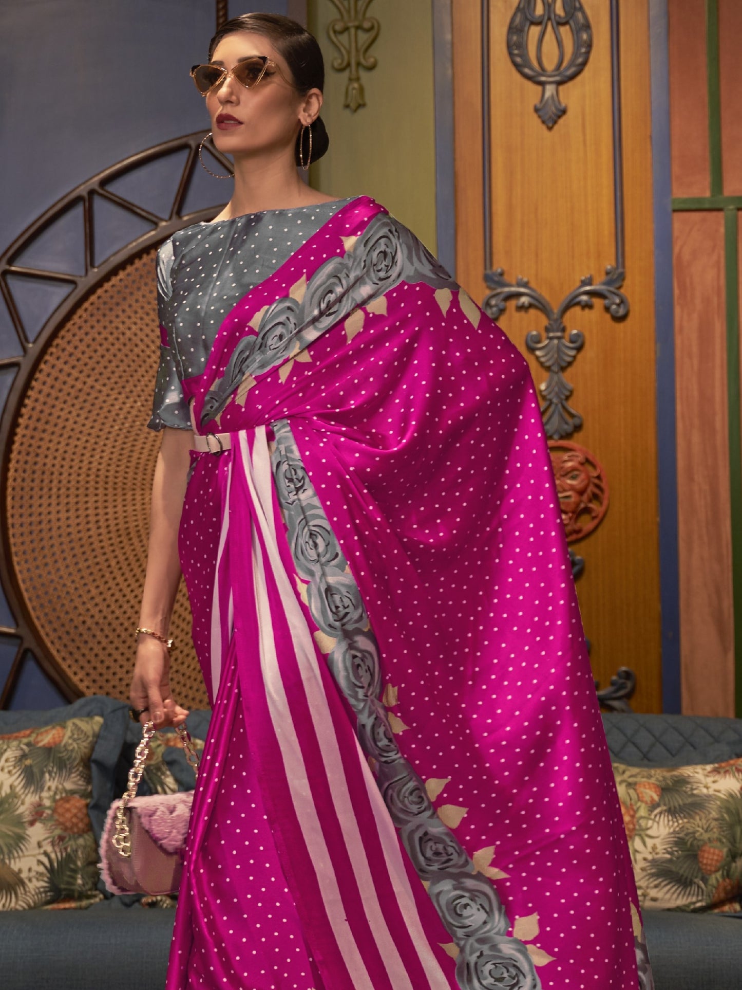 Deep Pink Satin Silk Printed Saree