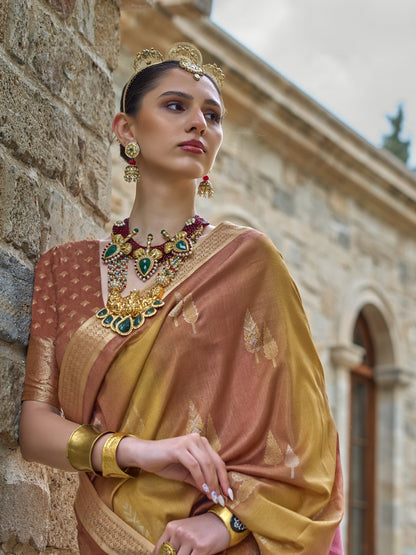 Mustard Brown with Yellow Banarasi Print Soft Silk Saree
