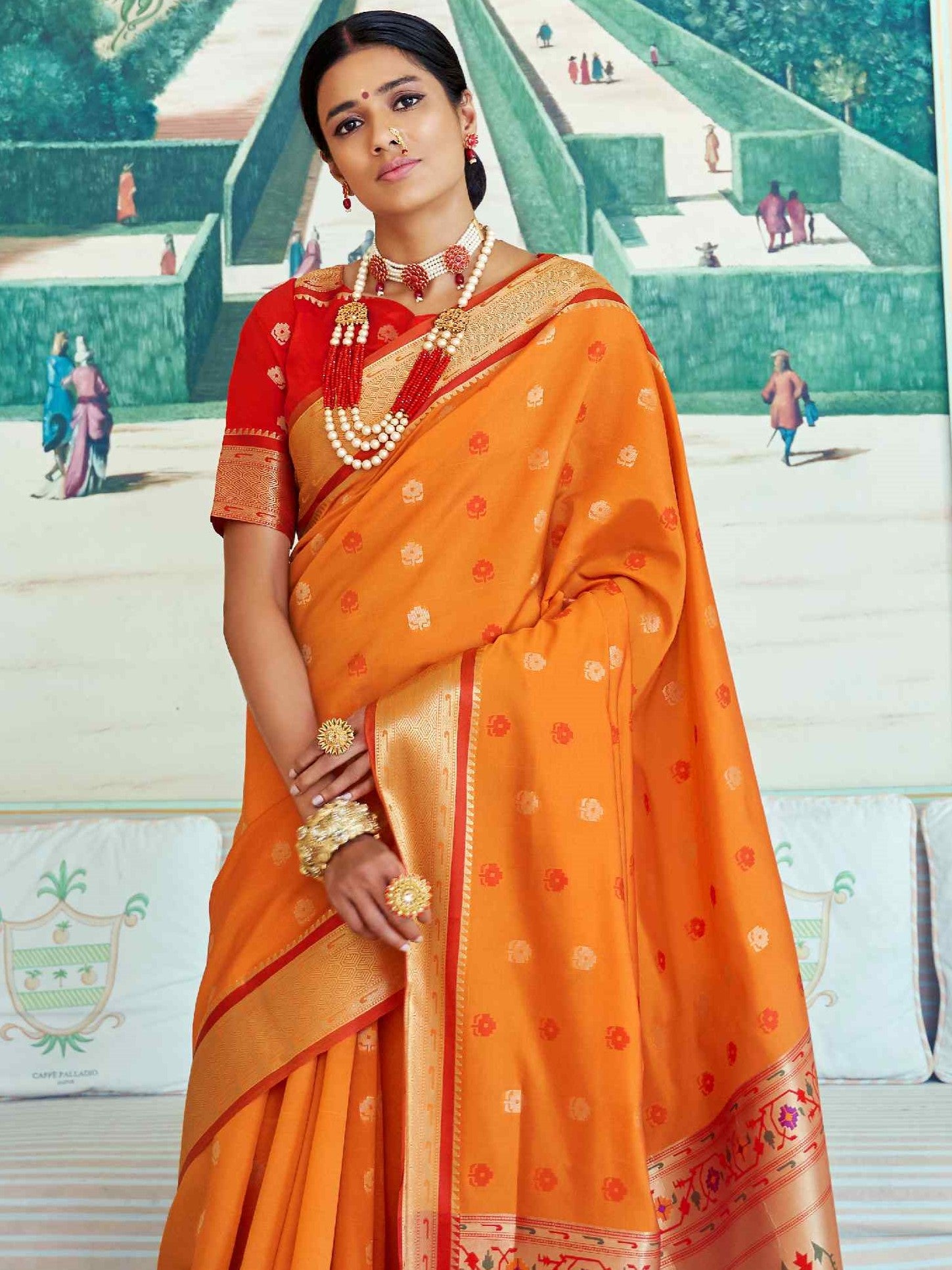 orange color paithani saree