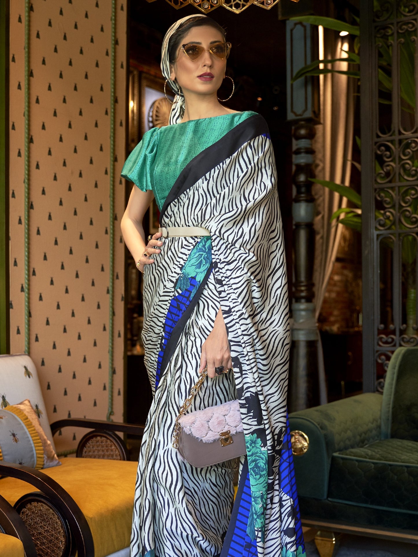 White & Blue Satin Silk Printed Saree