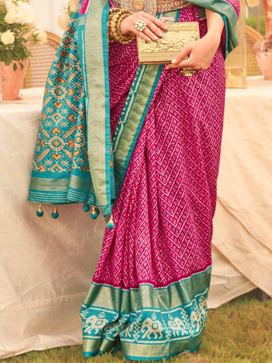 Magenta and Sky Blue Patola Saree