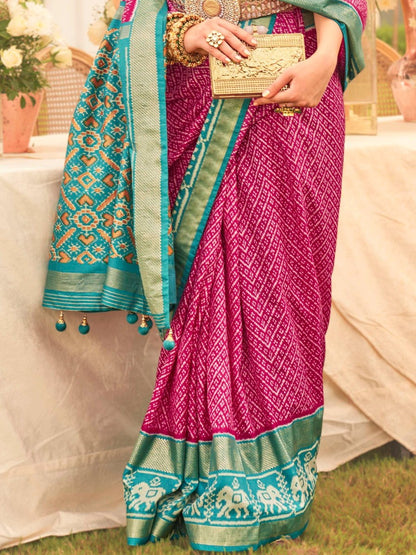 Magenta and Sky Blue Patola Saree