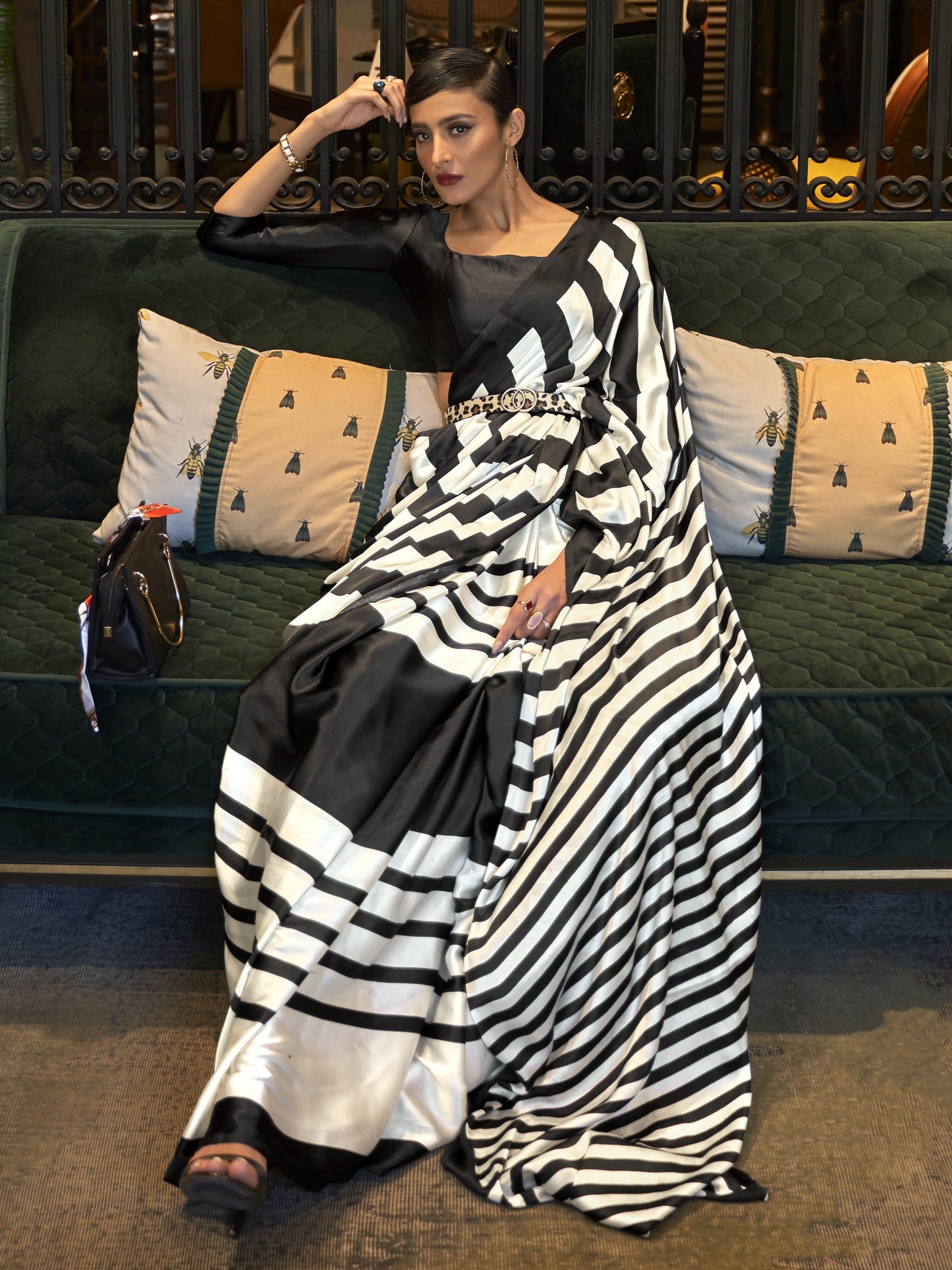 Black & White Satin Silk Printed Saree