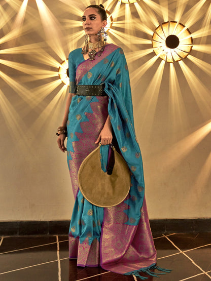 Deep Sky Blue Woven Banarasi Saree