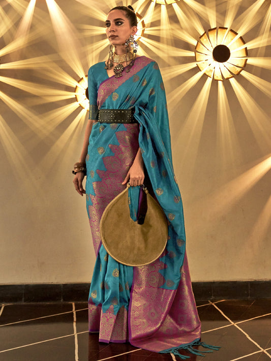 Deep Sky Blue Woven Banarasi Saree