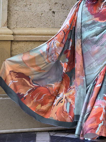 Gray & Orange Satin Crepe Printed Saree