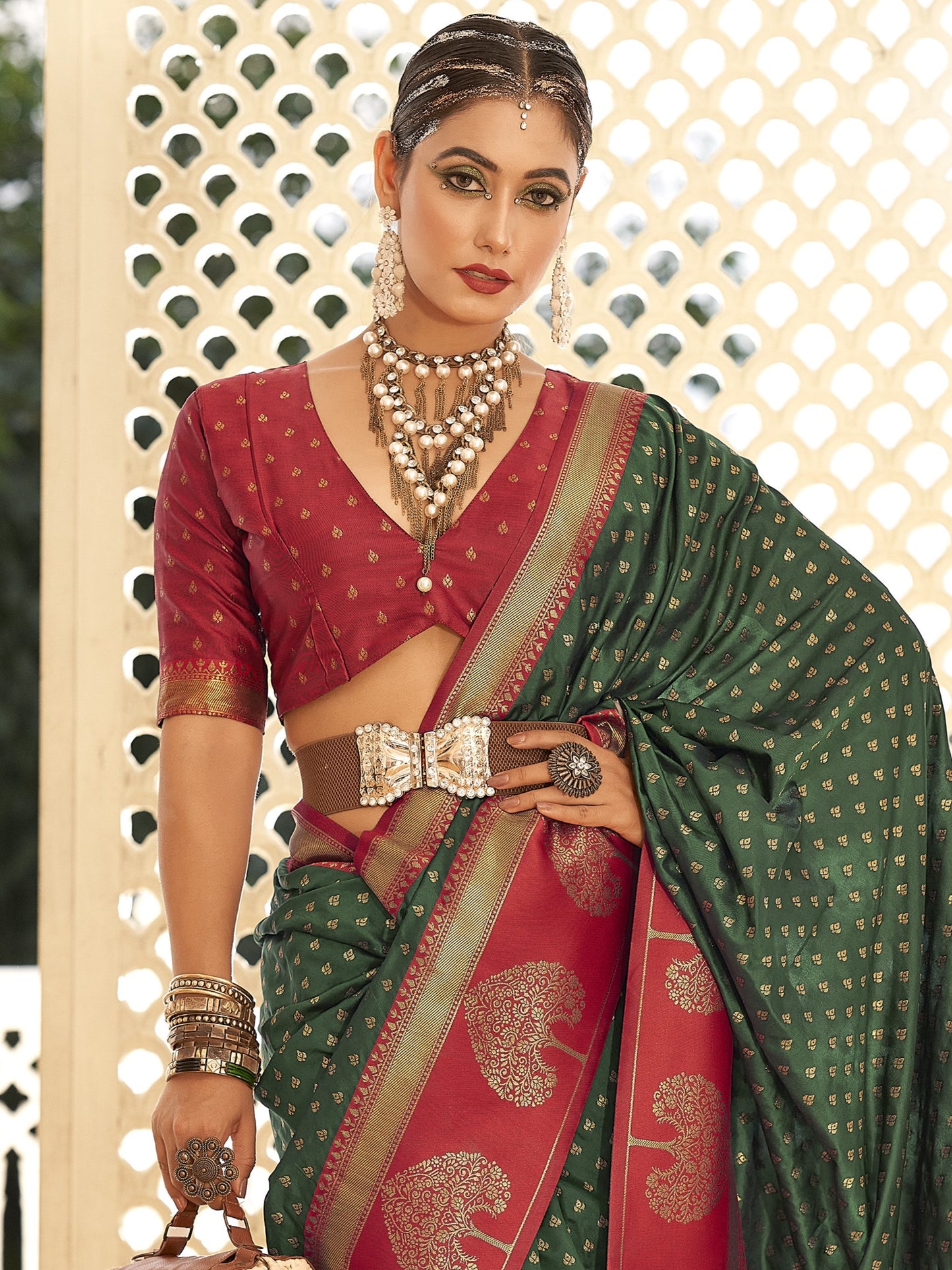 Botanical Green Woven Banarasi Soft Silk Saree