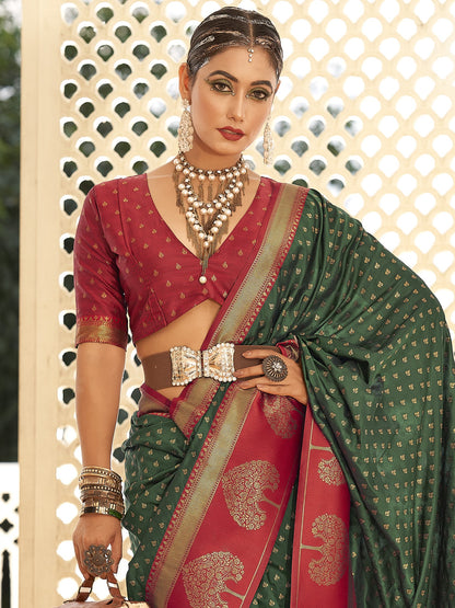 Botanical Green Woven Banarasi Soft Silk Saree