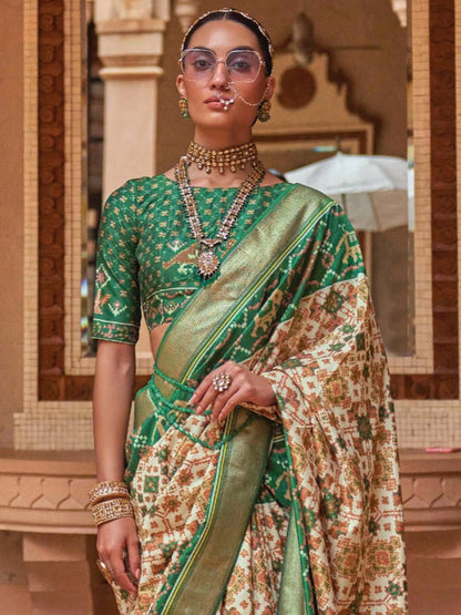 Beige and Green Patola Saree