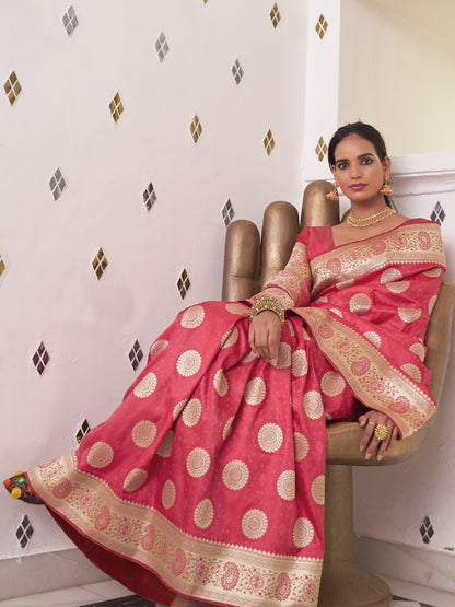 Blush Pink Satin Silk Banarasi Saree