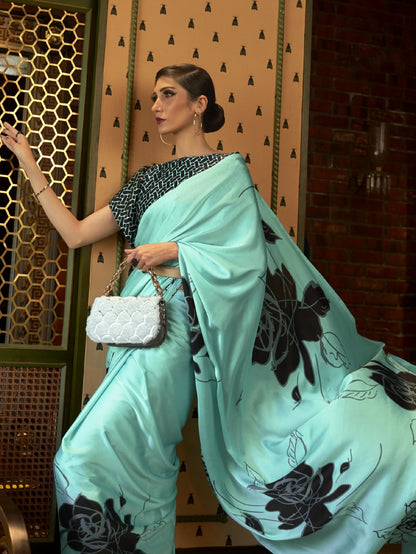 Pastel Cyan Satin Silk Printed Saree