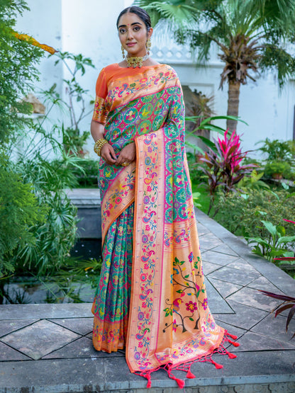 Sea Green & Orange Woven Patola Paithani Silk Saree
