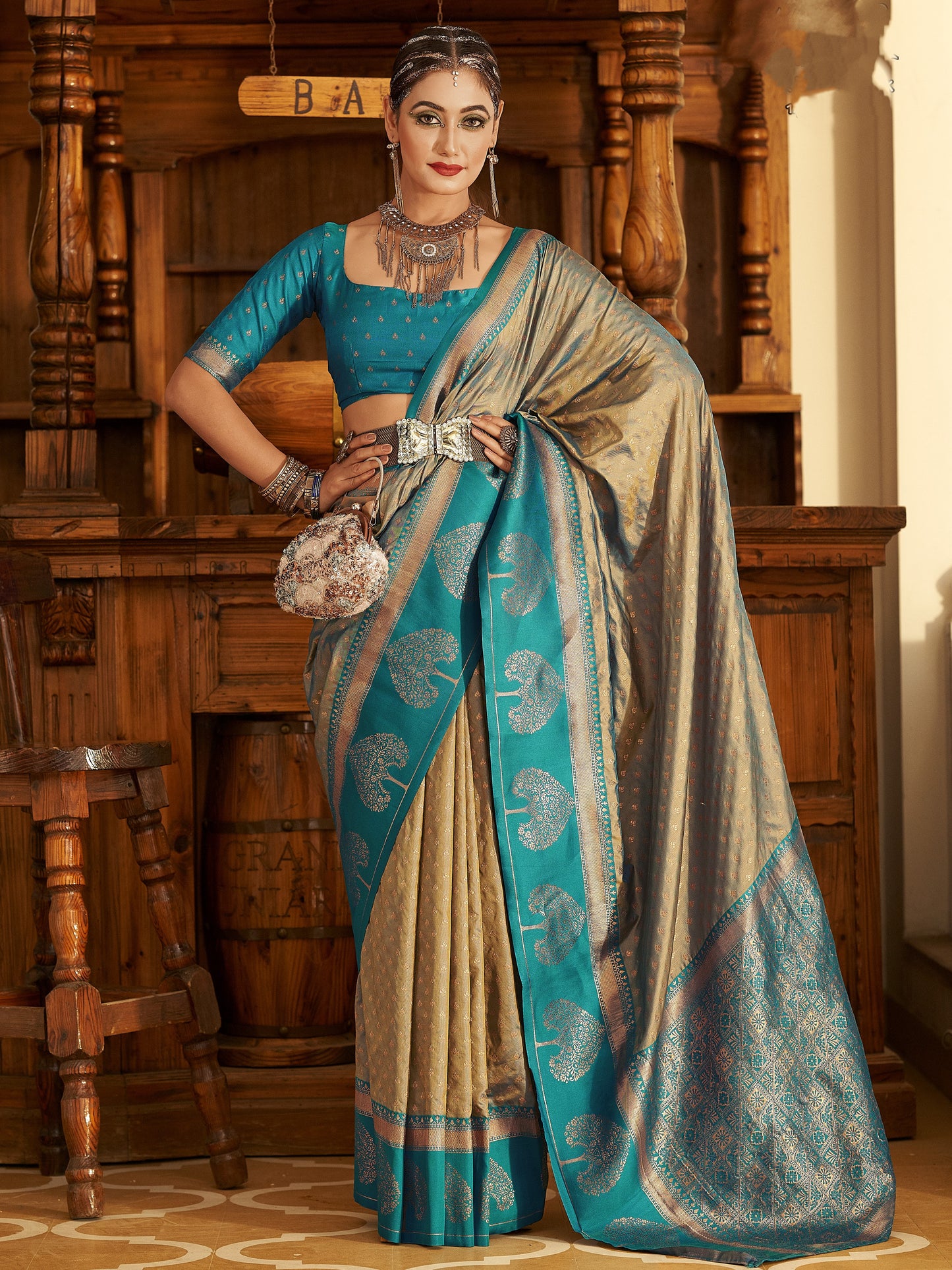 Tan Beige Woven Banarasi Soft Silk Saree