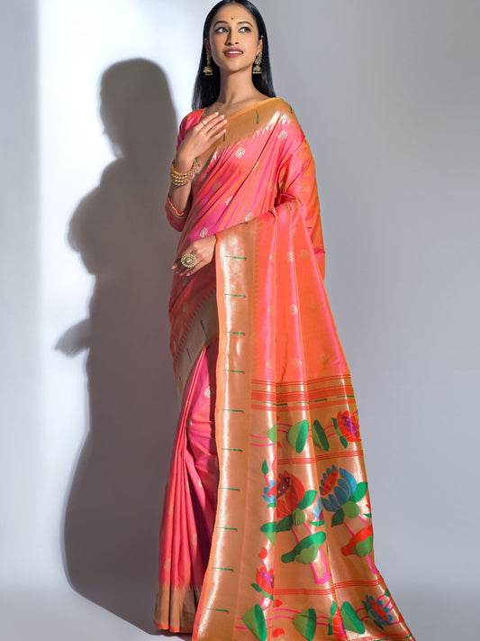 Coral Peach Paithani Saree