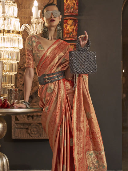 Ginger Orange Woven Banarasi Saree