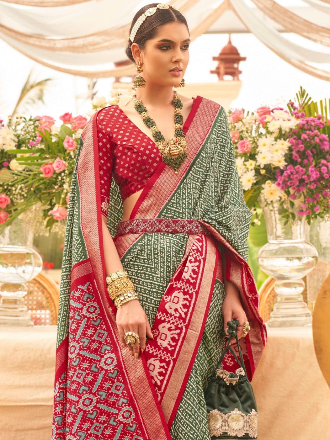 Deep Green and Maroon Patola Saree
