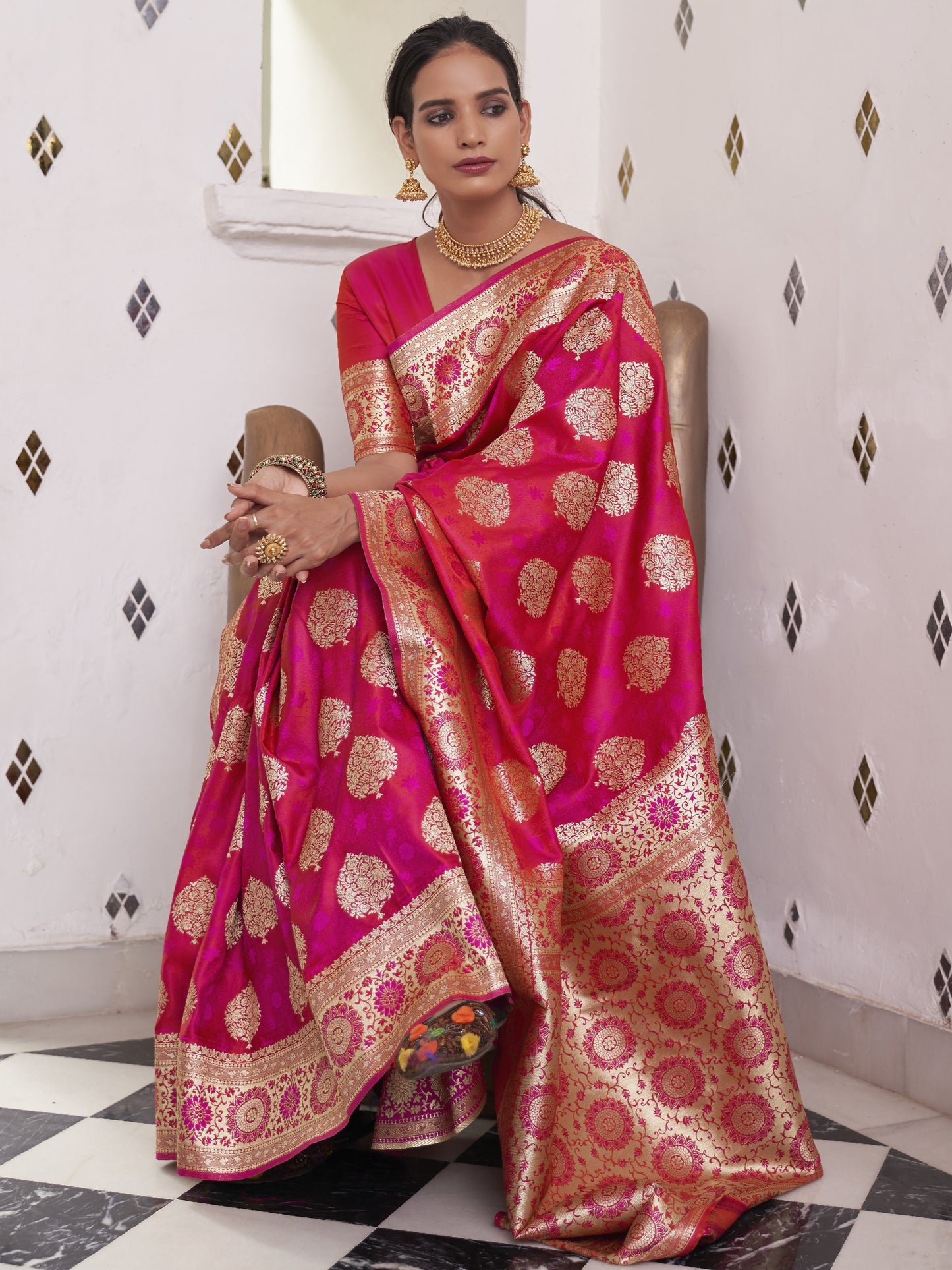 Rani Pink Satin Silk Banarasi Saree