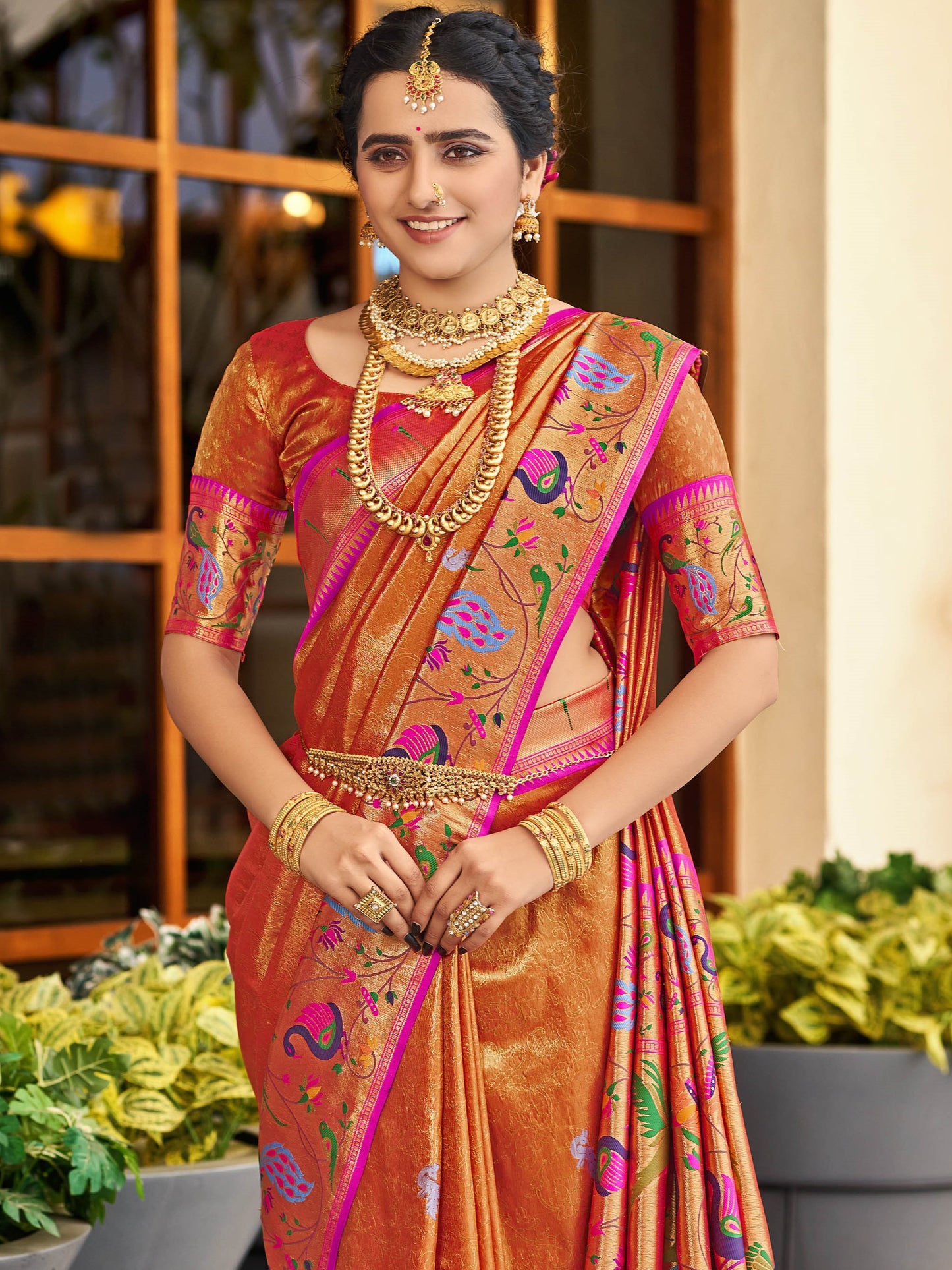Flame Orange Paithani Saree