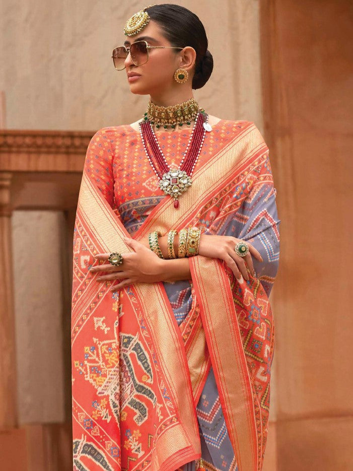 Gray and Orange Patola Saree