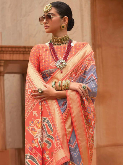 Gray and Orange Patola Saree
