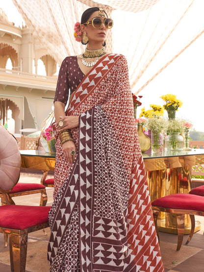Brick Brown Printed Patola Silk Saree
