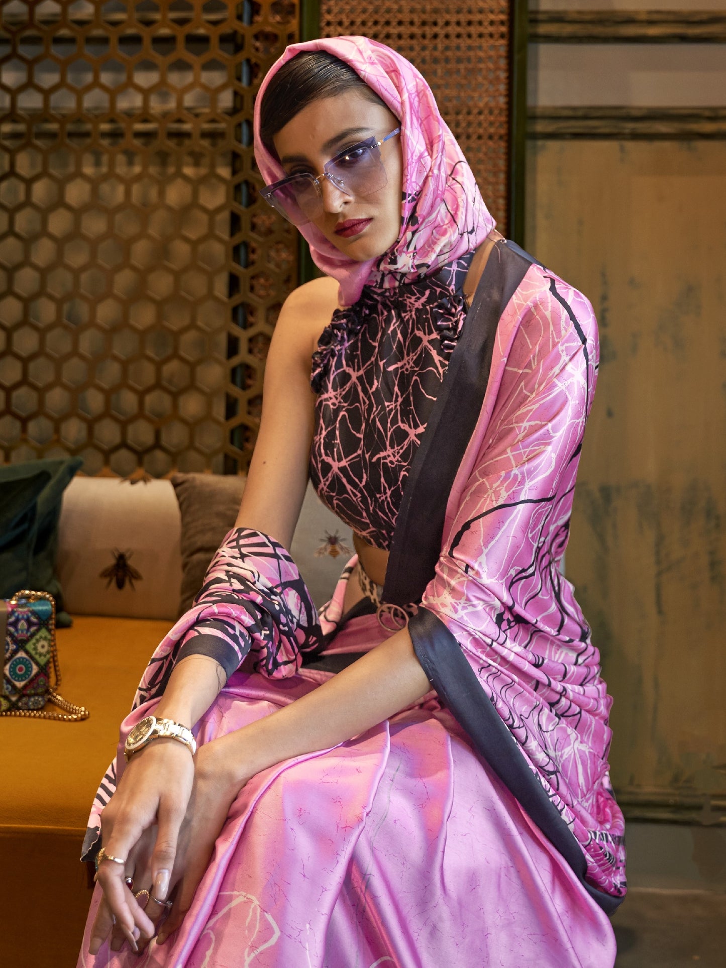 Sweet Pink Satin Silk Printed Saree