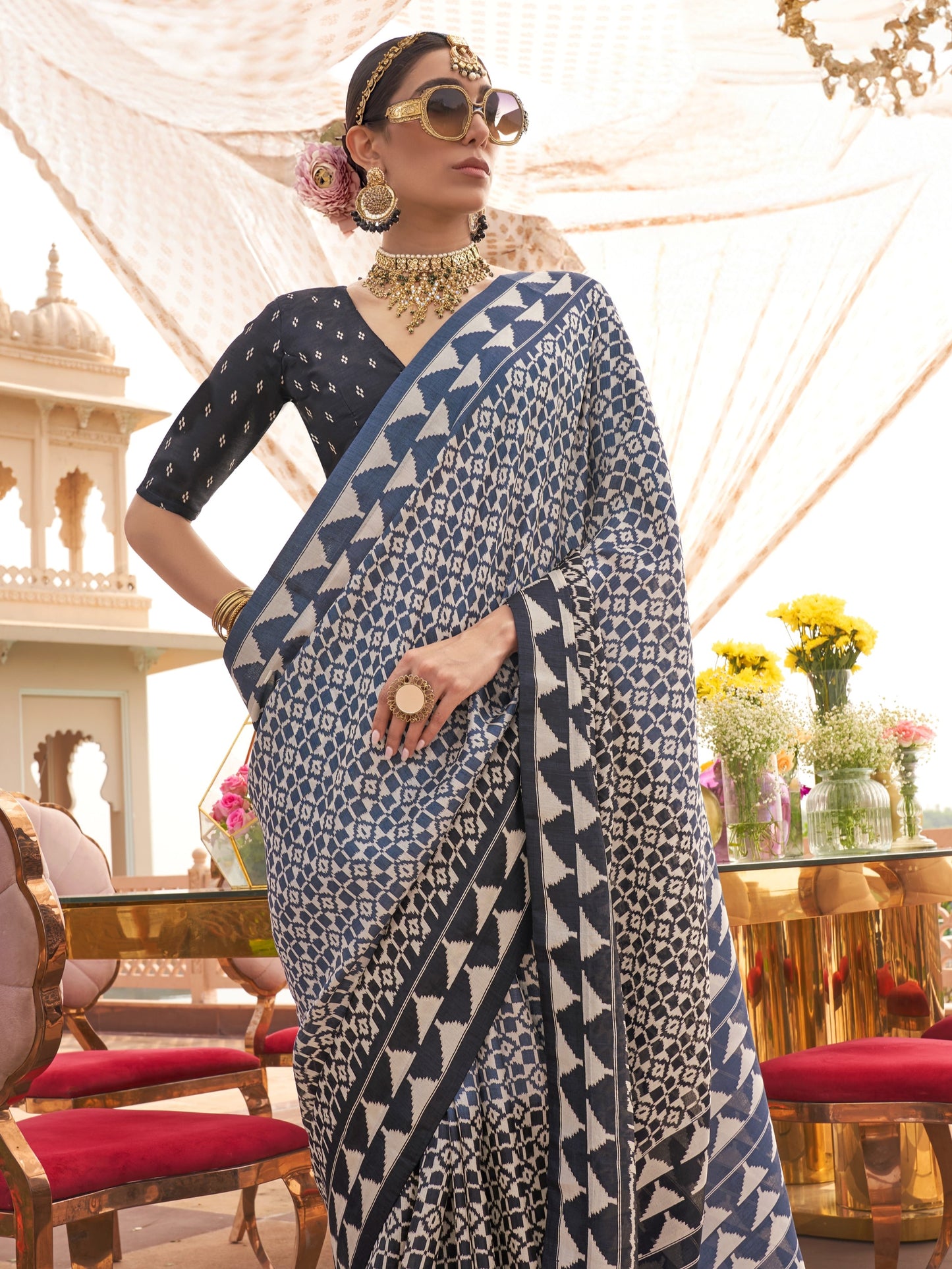 Prussian Blue Printed Patola Silk Saree