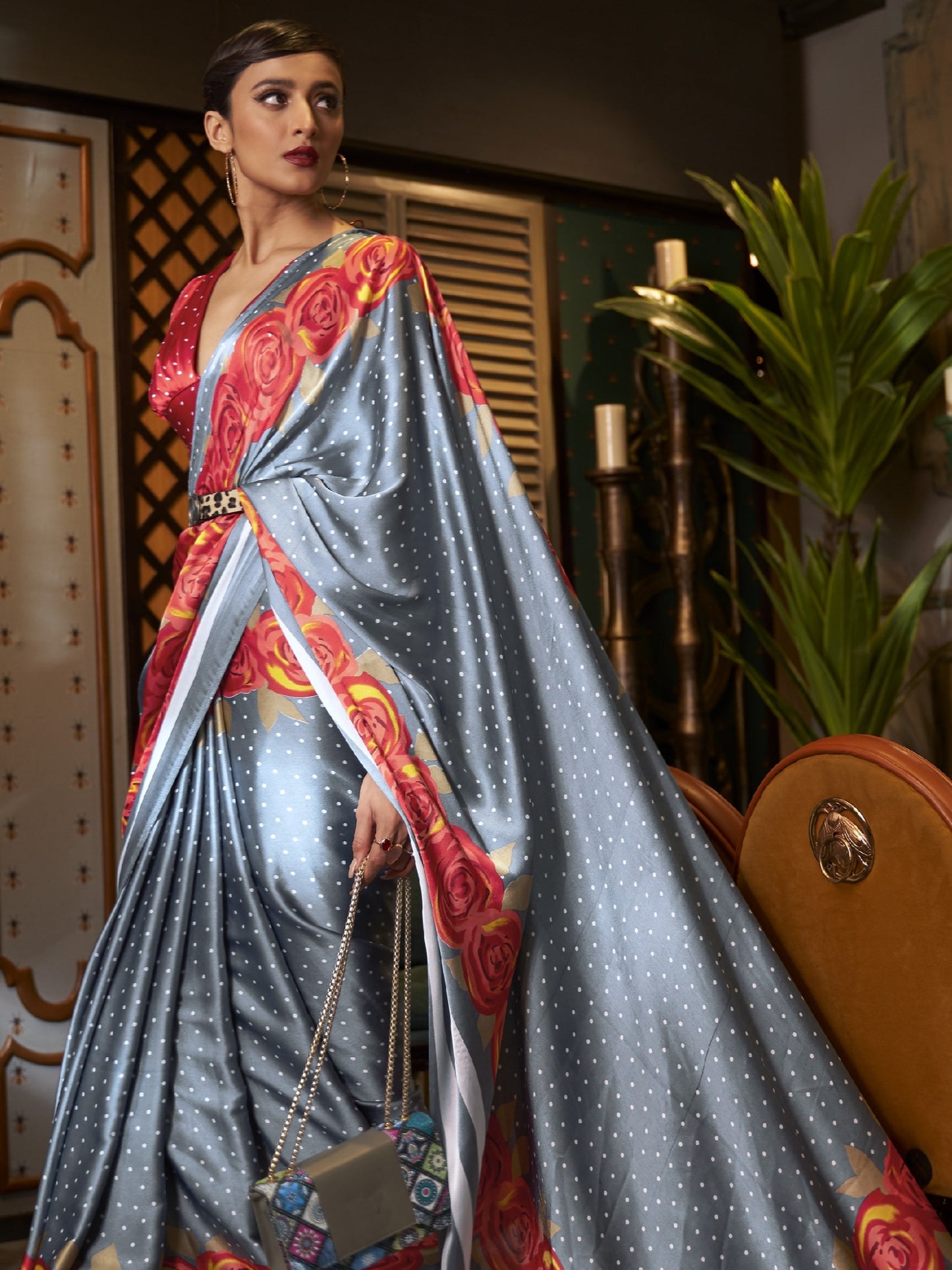 Smokey Gray Satin Silk Printed Saree