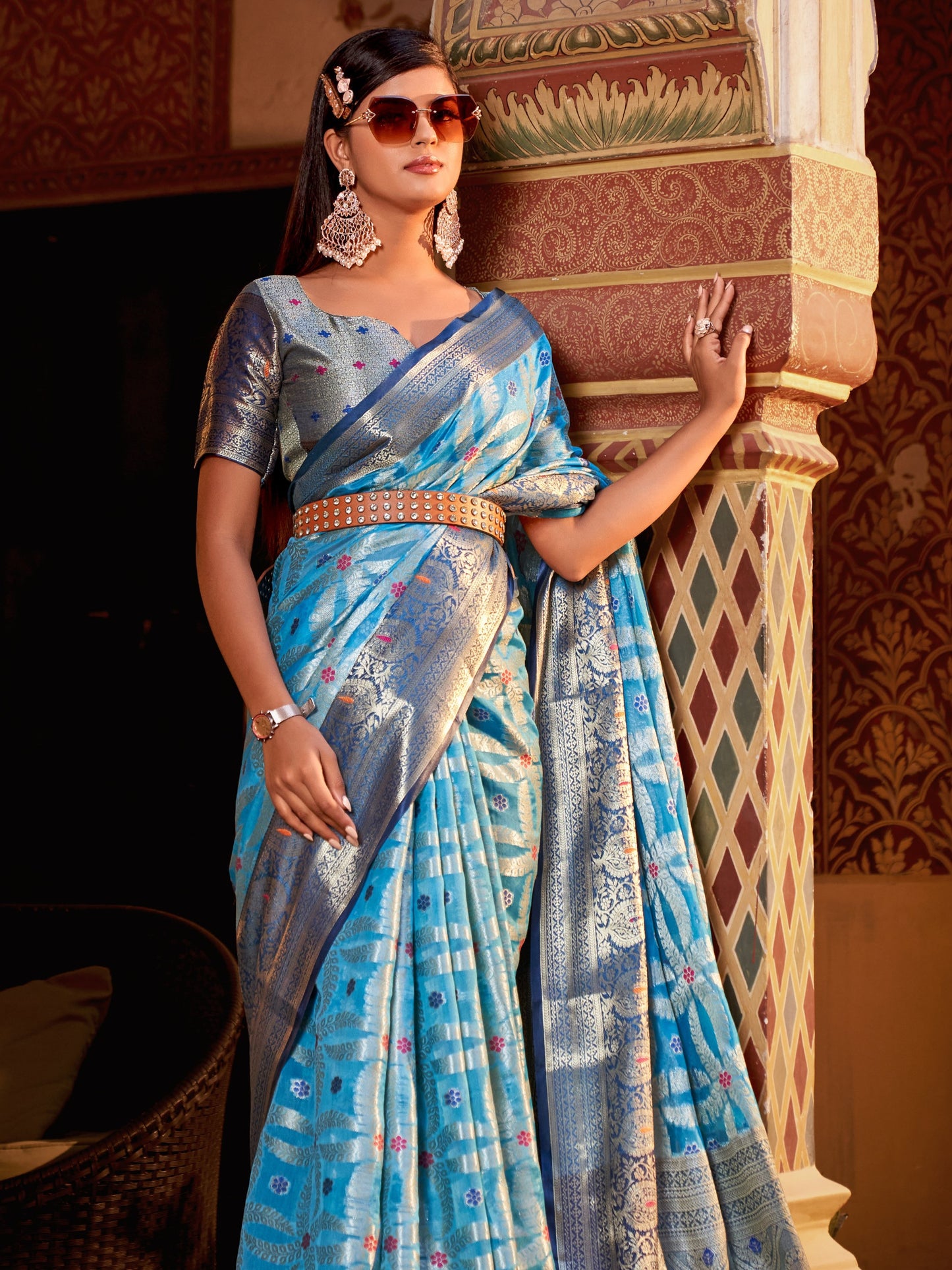 Deep Sky Blue Tissue Silk Saree