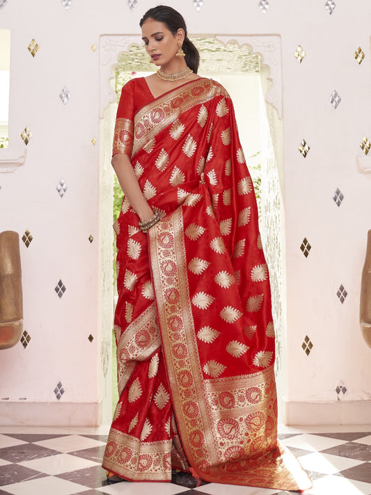 Bridal Red Satin Silk Banarasi Saree