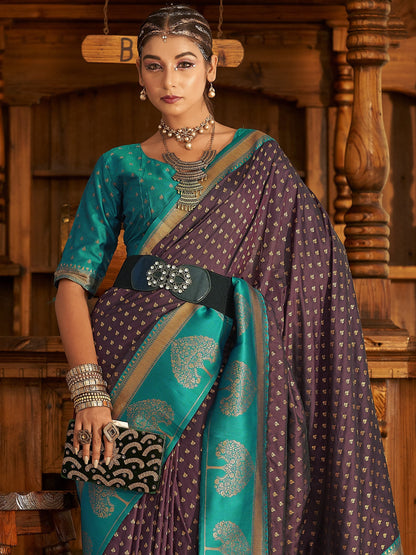 Coffee Maroon Woven Banarasi Soft Silk Saree