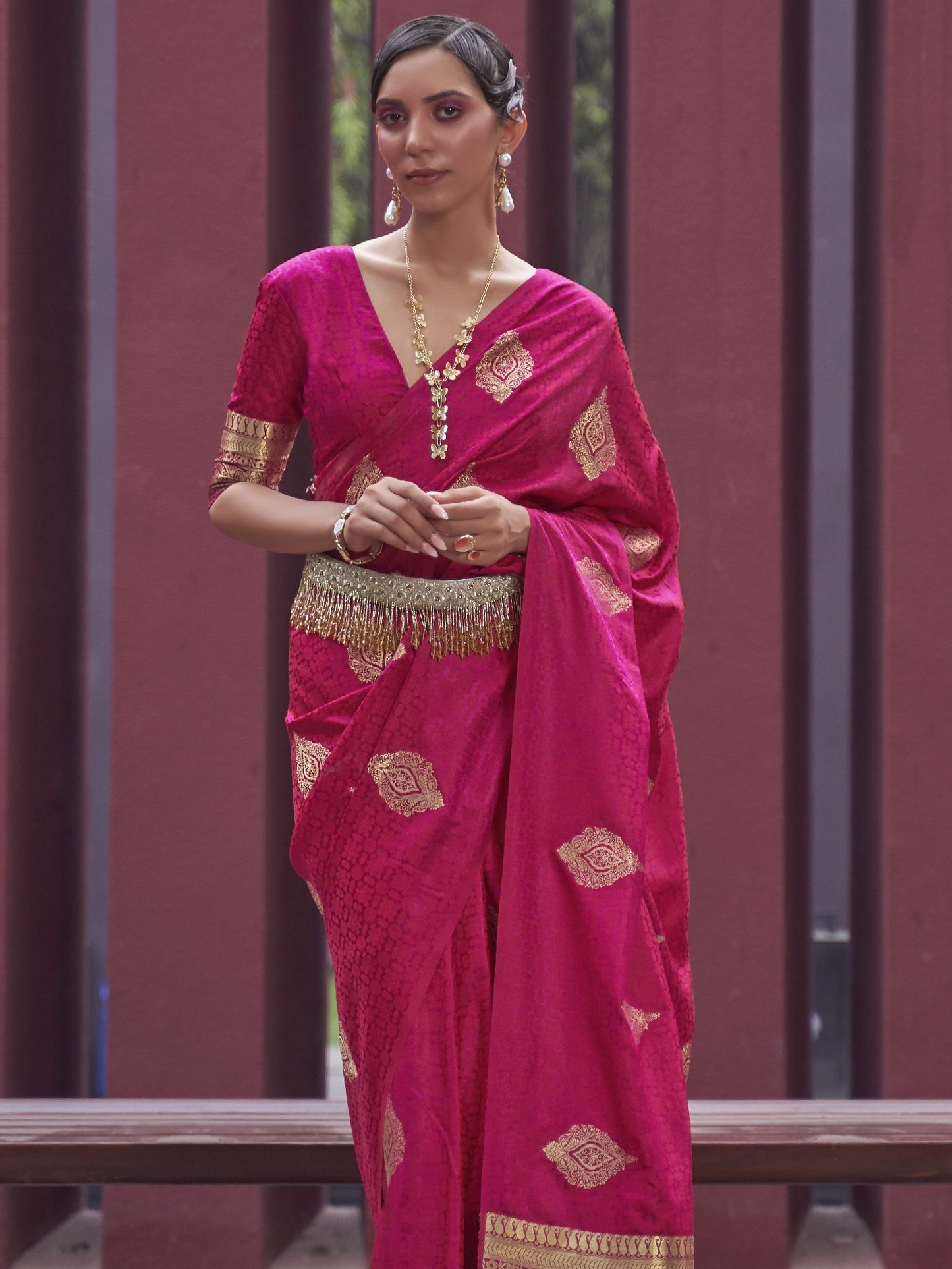 cherry red silk banarasi saree
